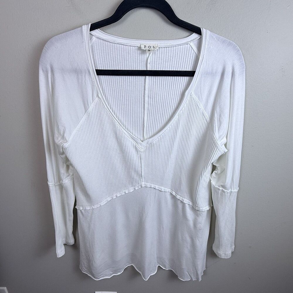 POL Womens Top Light Wash Rib Textured Long Sleeve Blouse Size Small White